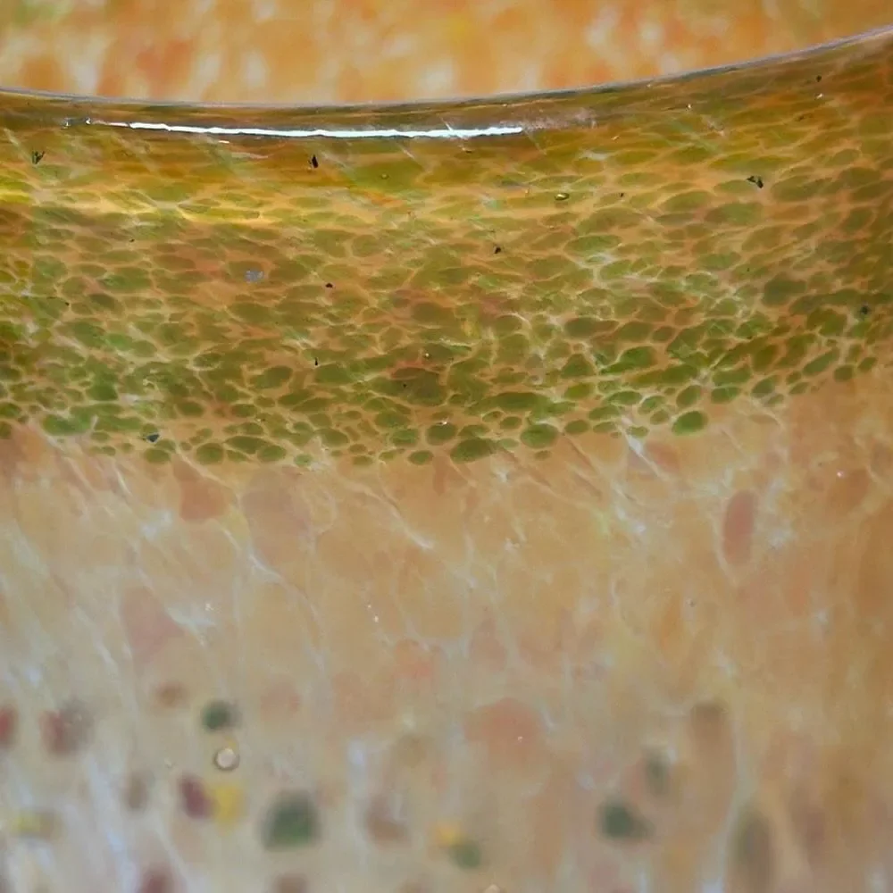 Tinted‎ Green Glass with Textured Specks of Paint and Orange Rim Unique Art Deco